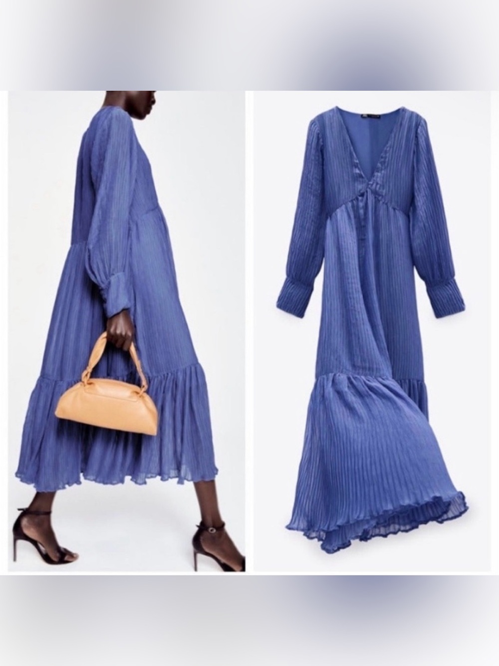 ZARA Voluminous Long Maxi Dress in Blue  Lilac Lightweight Lined Sz. XL $69